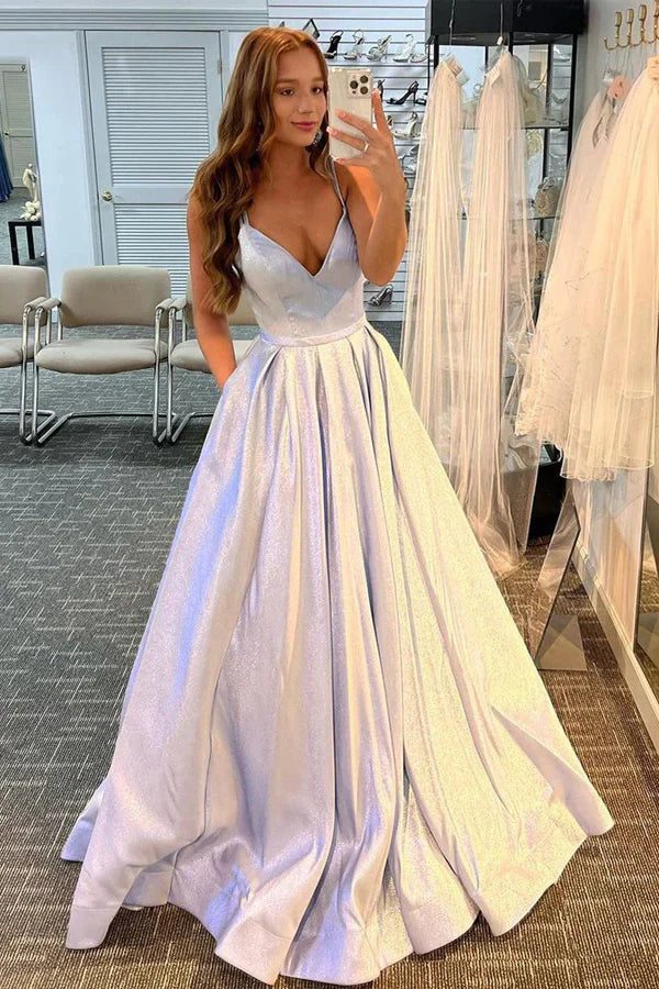 Vestido de fiesta largo de satén plateado con escote en V y corte A, vestido de noche brillante
